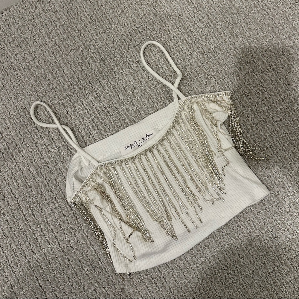 Emma & Sam Rhinestone Fringe Cropped Tank Top